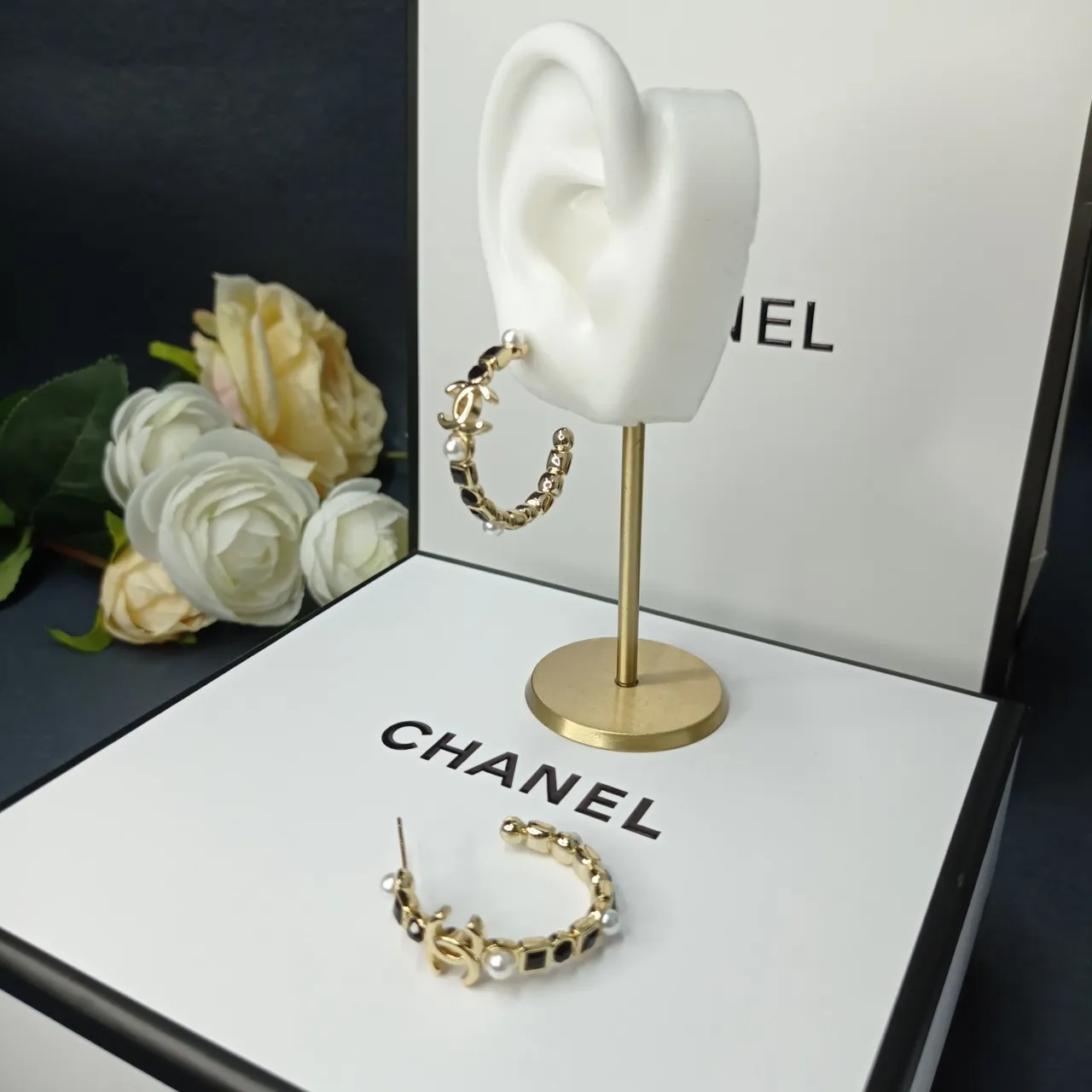 Chanel Silver Black Hoop Earring Interlocking CC Logo Earrings 4