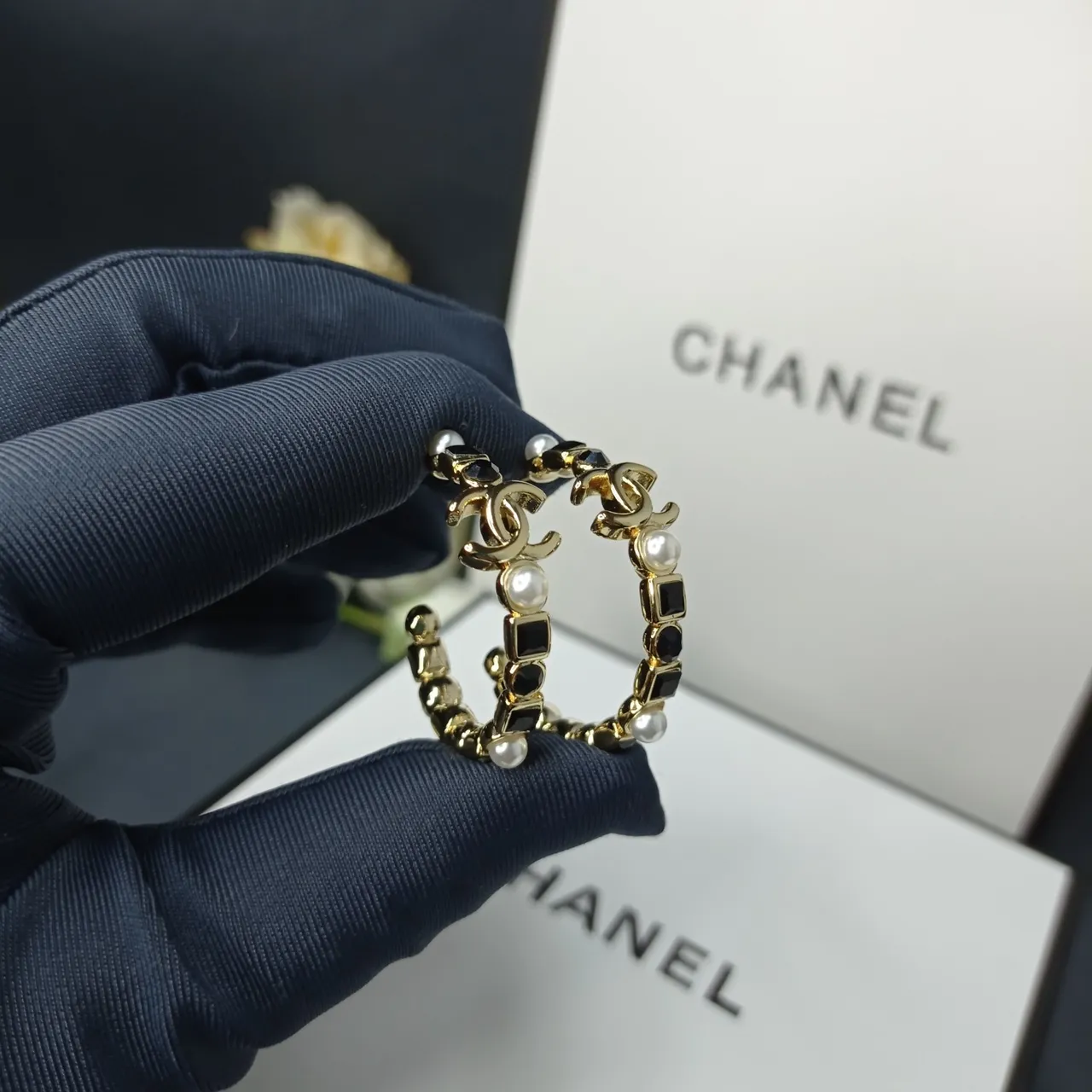 Chanel Silver Black Hoop Earring Interlocking CC Logo Earrings 5