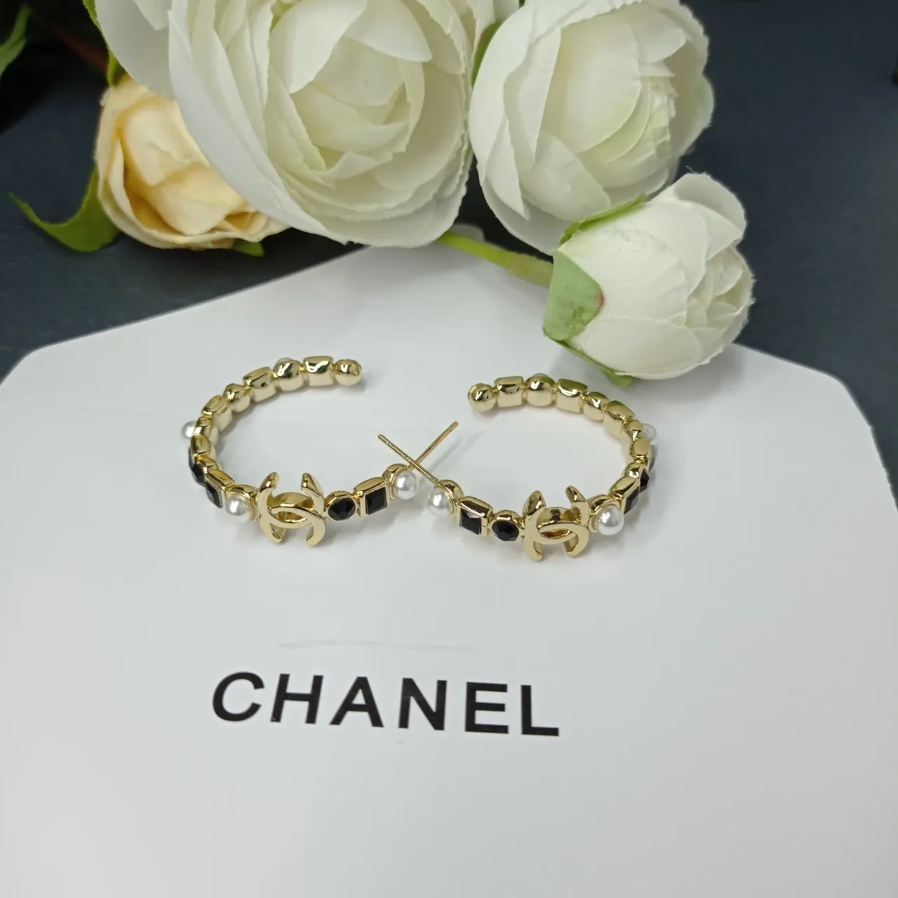 Chanel Silver Black Hoop Earring Interlocking CC Logo Earrings 7