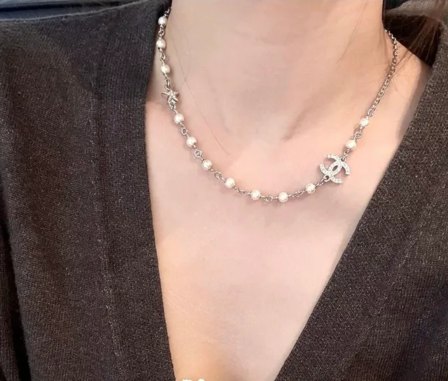 Chanel Silver White Chain Cultured Pearls Necklace 2