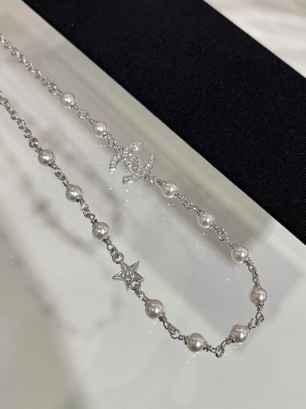 Chanel Silver White Chain Cultured Pearls Necklace 3