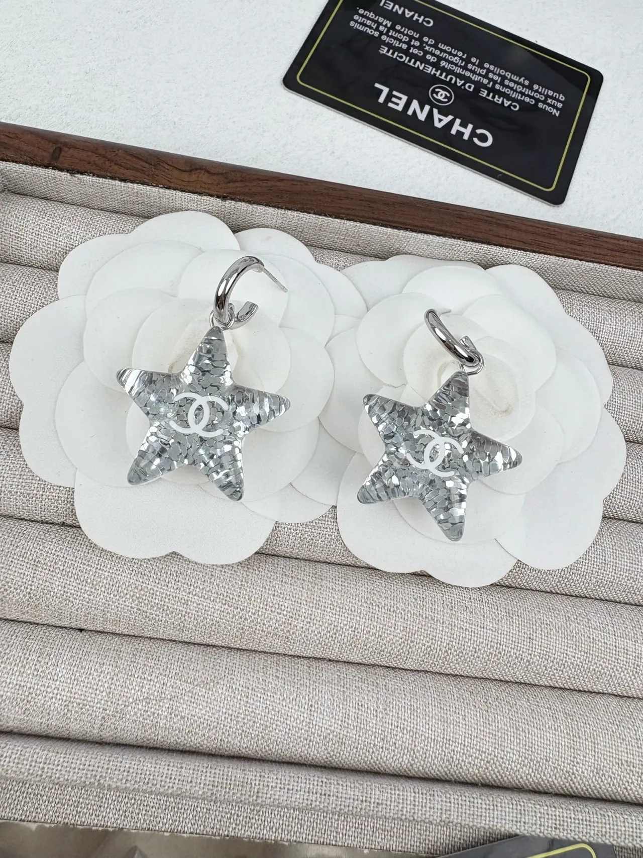 Chanel Star-Shaped CC Logo Silver White Textured Earrings 2