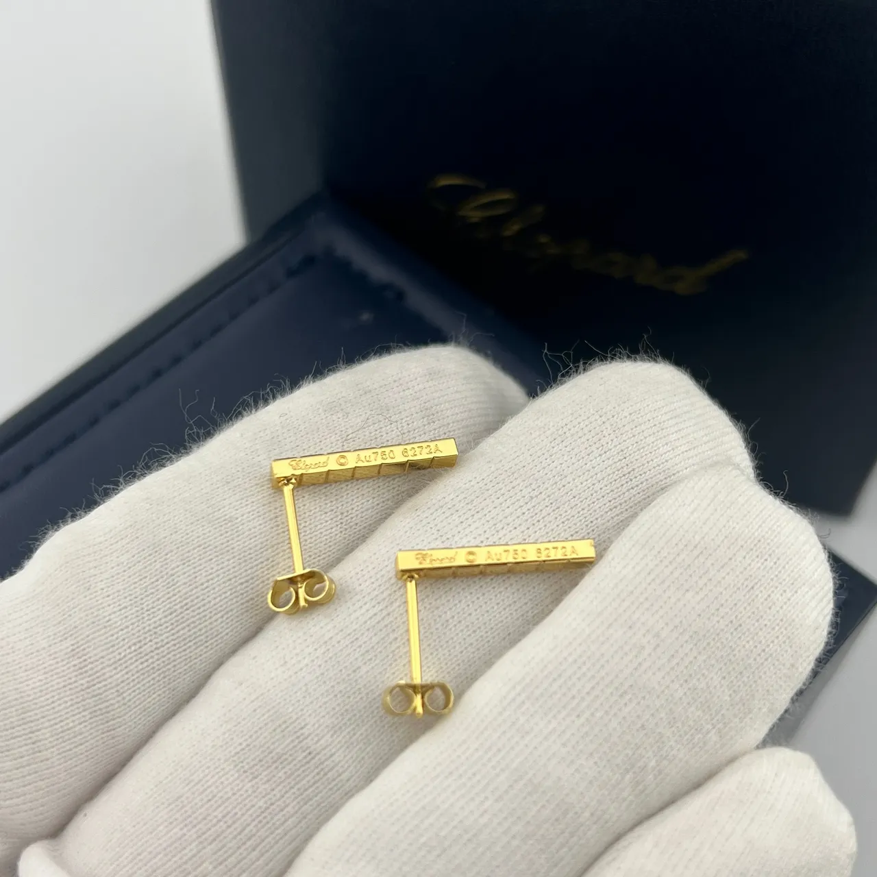Chopard Gold Black Rectangular Bar Studs Alternating And Diamond Segments Earrings 2