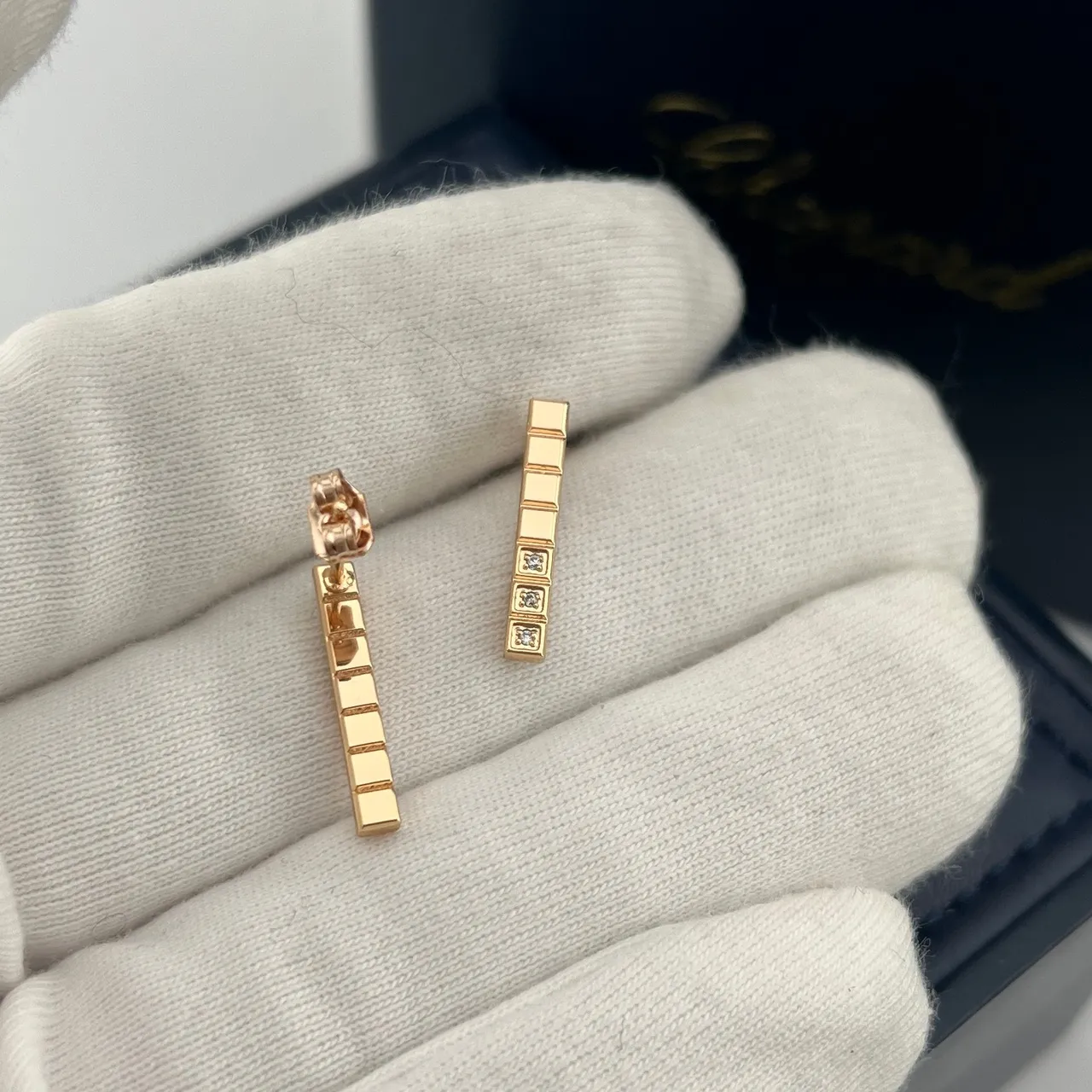 Chopard Gold Black Rectangular Bar Studs Alternating And Diamond Segments Earrings 4