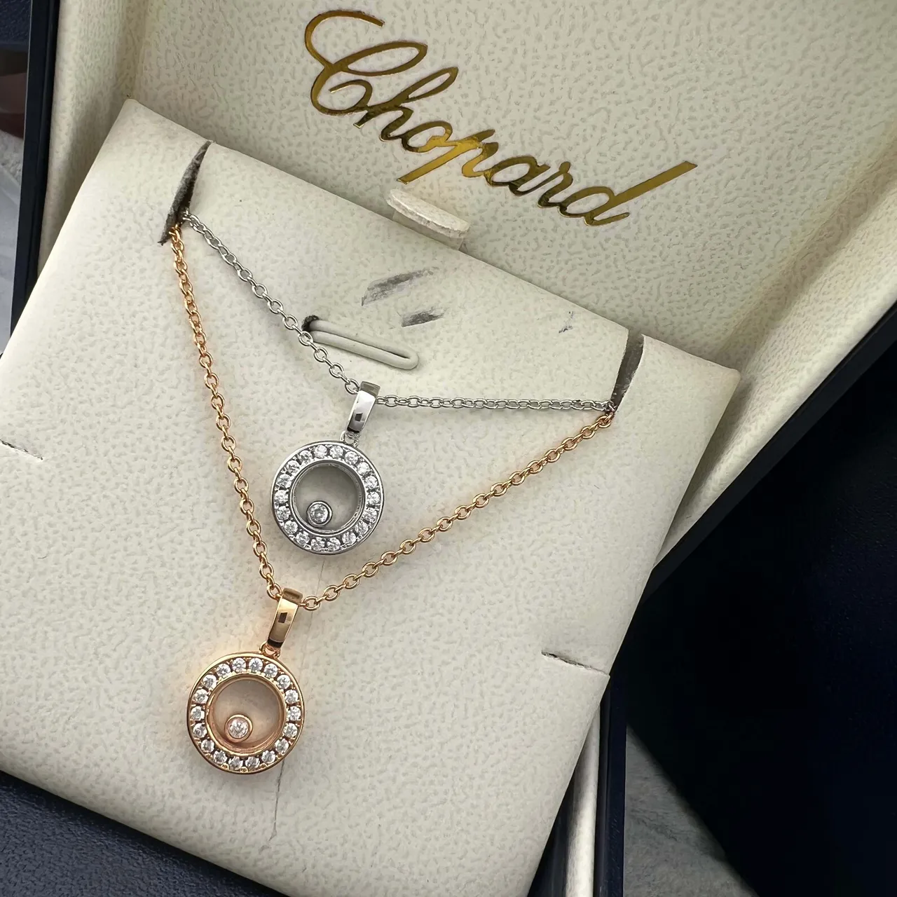Chopard Happy Diamonds Or Argent Circulaire Rotatif Pendentif Pavé Halo Diamant Collier 6