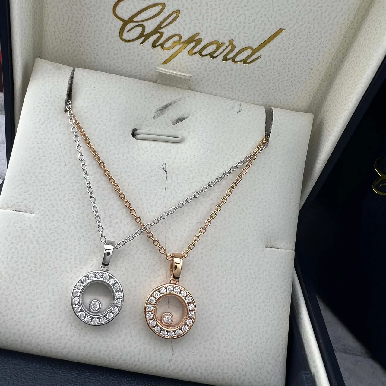 Chopard Happy Diamonds Or Argent Circulaire Rotatif Pendentif Pavé Halo Diamant Collier 5