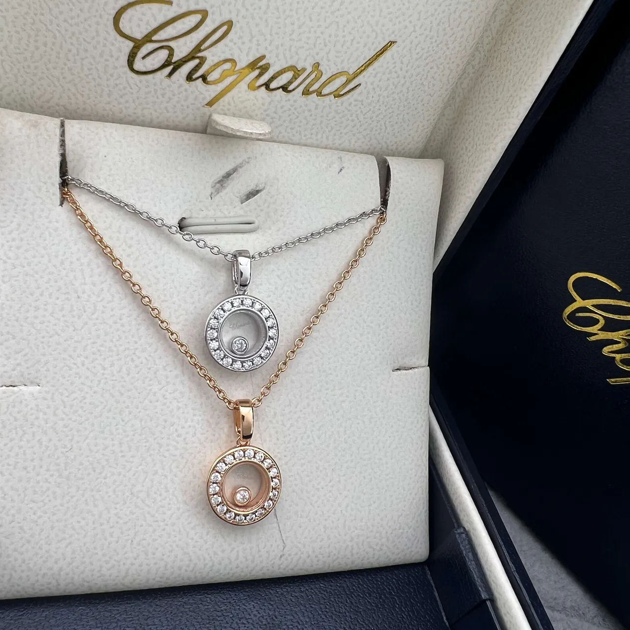 Chopard Happy Diamonds Or Argent Circulaire Rotatif Pendentif Pavé Halo Diamant Collier 7