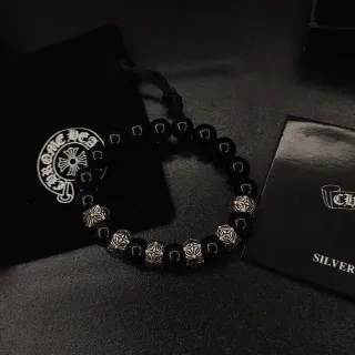 Chrome Hearts Black Silver Beaded Floral-Charm Bracelet