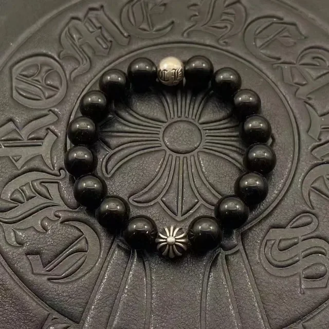 Chrome Hearts Black Silver Beaded Monogrammed Bracelet 9