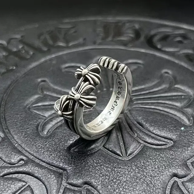 Chrome Hearts Cruz Flor Motivo Triple Prata Oxidada Anel 6