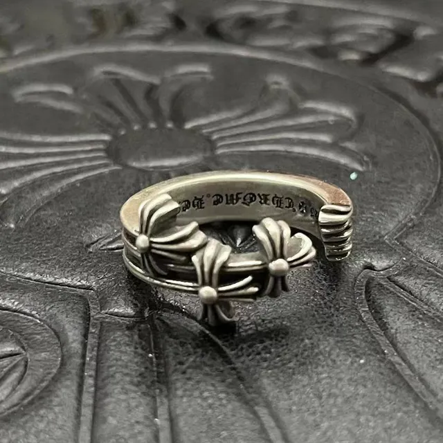 Chrome Hearts Cruz Flor Motivo Triple Prata Oxidada Anel 7