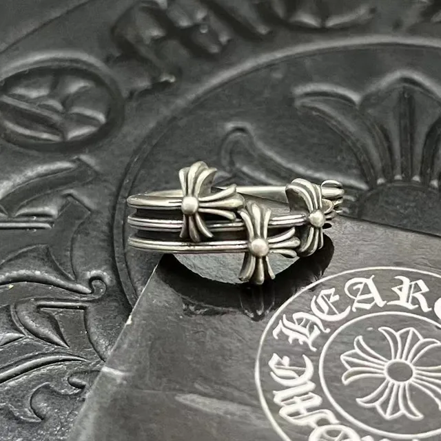 Chrome Hearts Cruz Flor Motivo Triple Prata Oxidada Anel 8