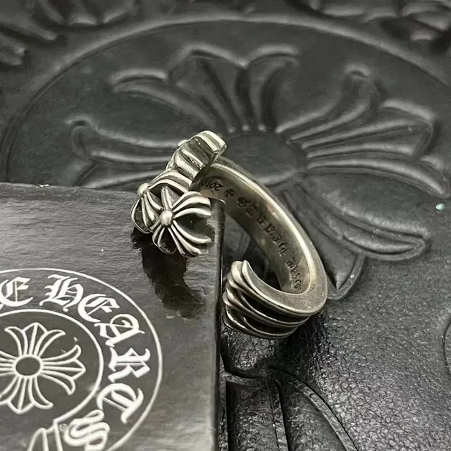 Chrome Hearts Cruz Flor Motivo Triple Prata Oxidada Anel 9