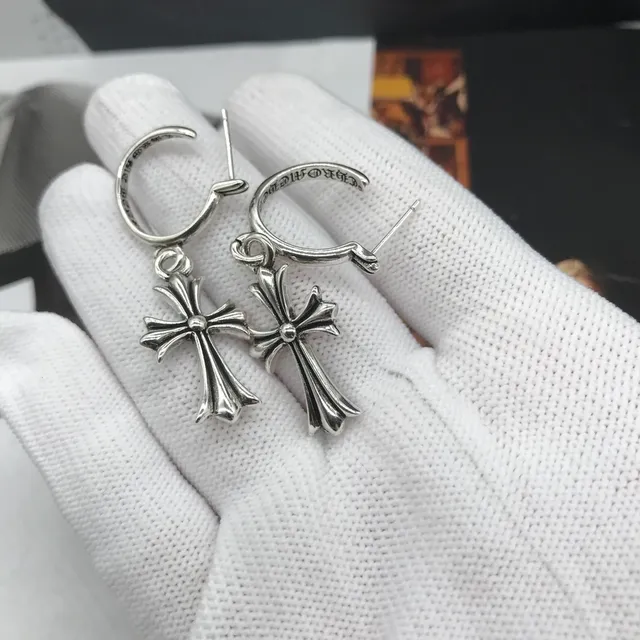 Chrome Hearts Cross Hoop Silver Dangling Cross Earrings 2