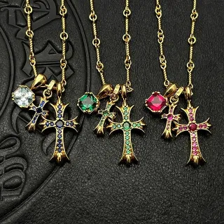 Chrome Hearts Cross Pendant Necklace Gold-Tone Pavé Gemstone Necklaces