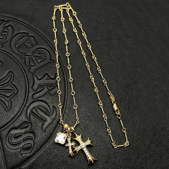 Chrome Hearts Cross Pendant Necklace Gold-Tone Pavé Gemstone Necklaces 4