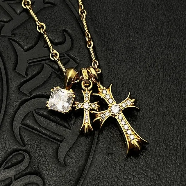Chrome Hearts Cross Pendant Necklace Gold-Tone Pavé Gemstone Necklaces 6