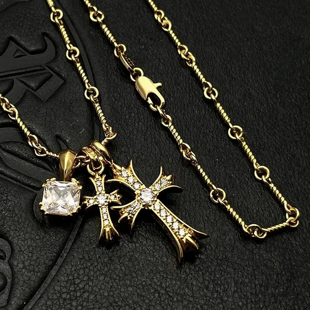 Chrome Hearts Cross Pendant Necklace Gold-Tone Pavé Gemstone Necklaces 7