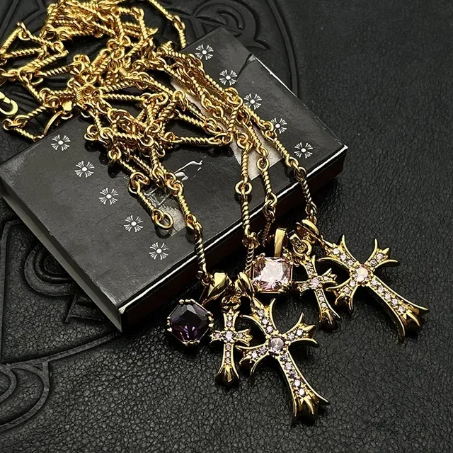 Chrome Hearts Cross Pendant Necklace Gold-Tone Pavé Gemstone Necklaces 8