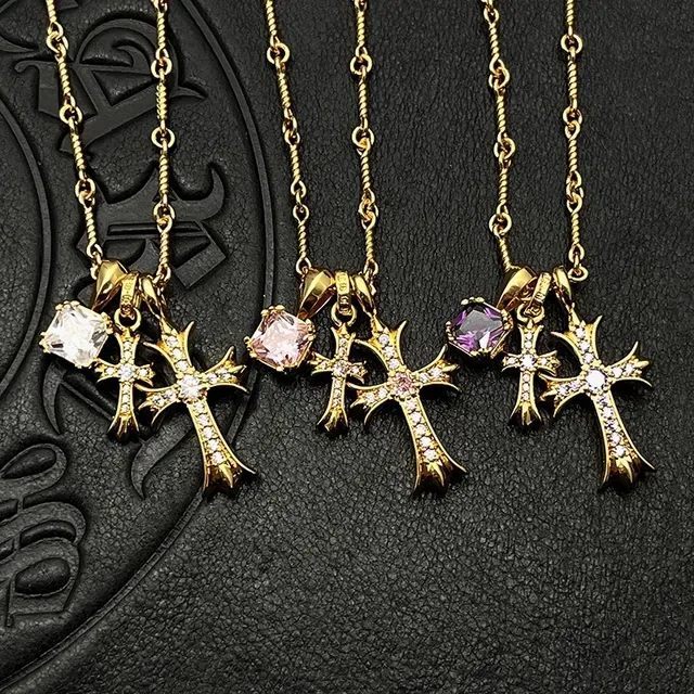 Chrome Hearts Cross Pendant Necklace Gold-Tone Pavé Gemstone Necklaces 9