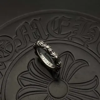 Chrome Hearts ফ্লোরাল ব্যান্ড সিলভার ব্ল্যাক রিলিফ এনগ্রেভড ইন্টেরিয়র রিং