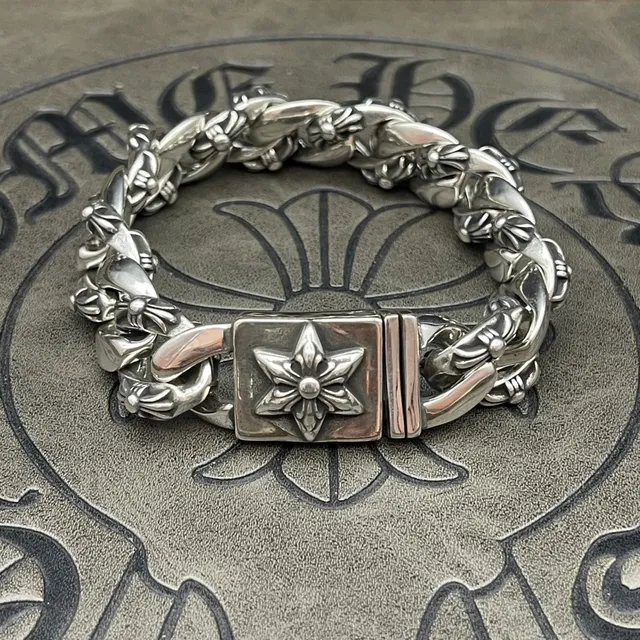 Chrome Hearts Pulseira de Corrente Floral Curb Prateada Pesada Ornada Relief 2