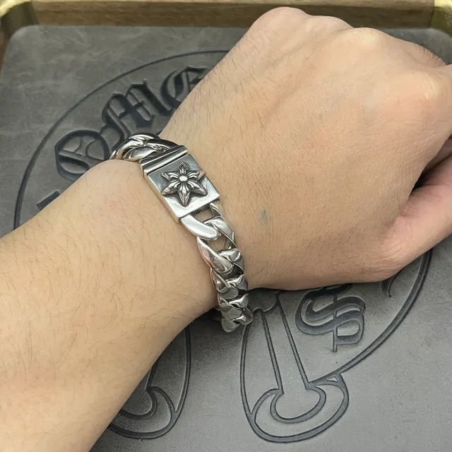 Chrome Hearts Pulseira de Corrente Floral Curb Prateada Pesada Ornada Relief 5