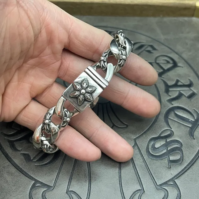 Chrome Hearts Pulseira de Corrente Floral Curb Prateada Pesada Ornada Relief 6