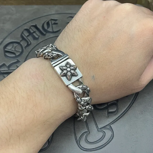 Chrome Hearts Pulseira de Corrente Floral Curb Prateada Pesada Ornada Relief 8