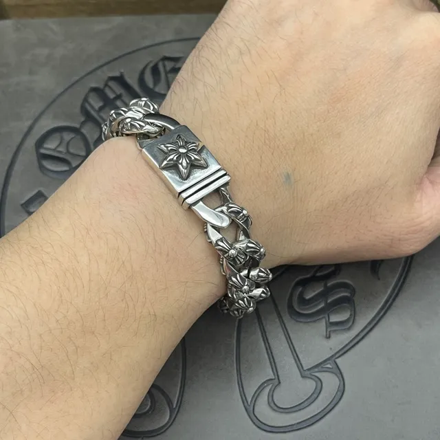 Chrome Hearts Pulseira de Corrente Floral Curb Prateada Pesada Ornada Relief 9