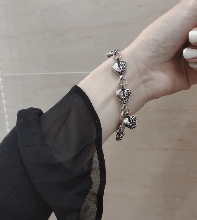Chrome Hearts Bracelet argenté noir à maillons cœur 2