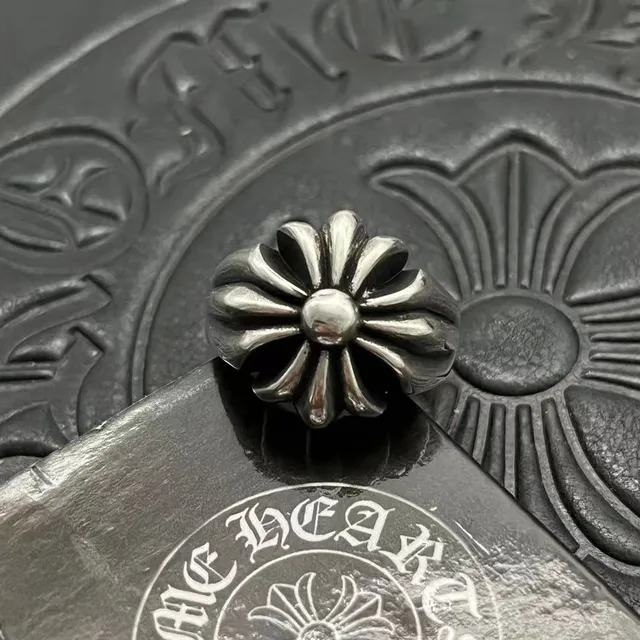 Chrome Hearts Silver Black Sculpted Floral Oxidized Ring 7