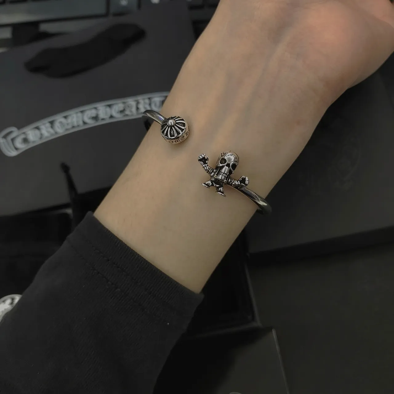 Chrome Hearts سوار شكل هيكل العظمي فضي أسود مفتوح منحوت 2