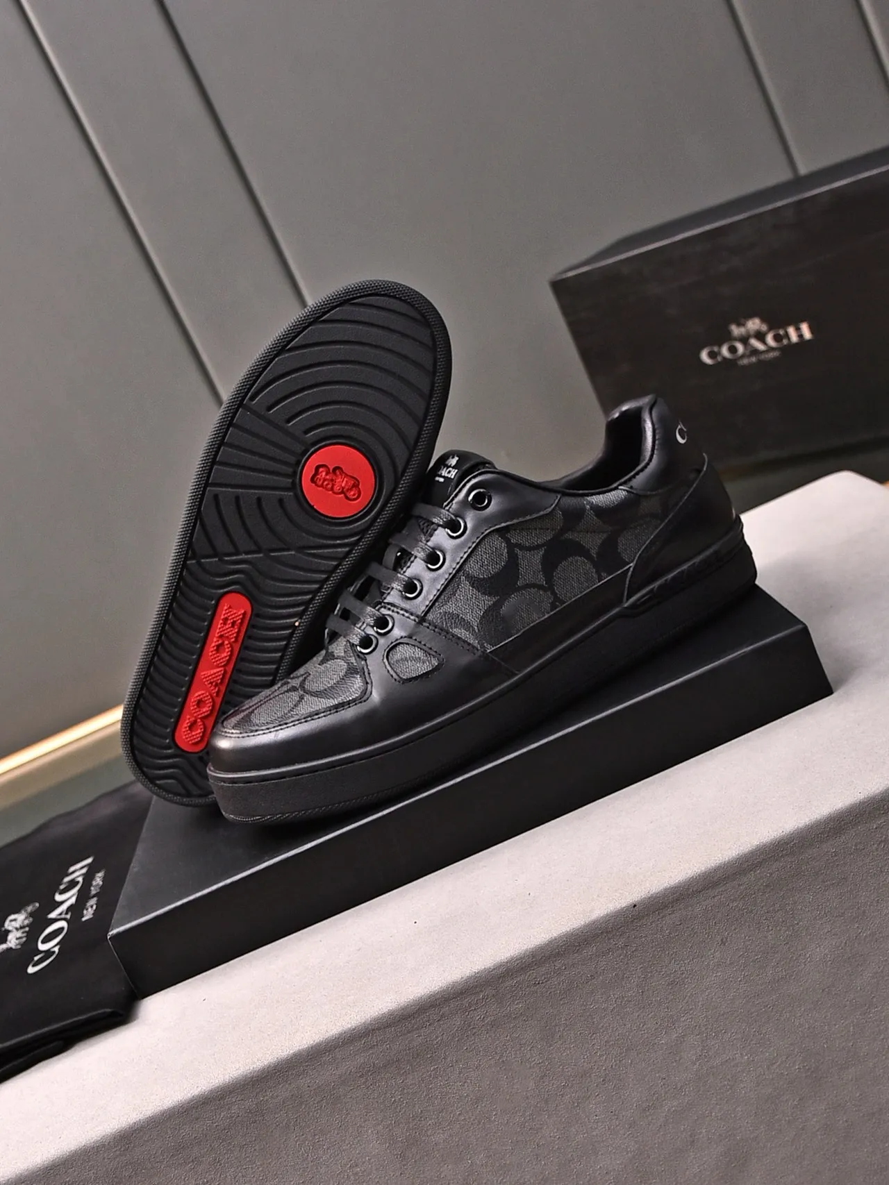 Coach Court Black Gray Low-Top Monogram-Print Textile Lifestyle Sneakers 2