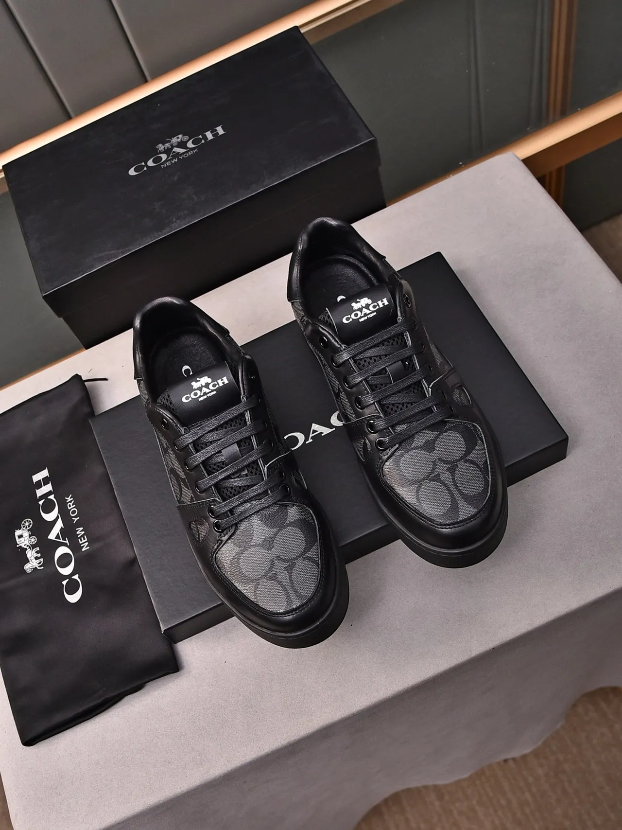 Coach Court Black Gray Low-Top Monogram-Print Textile Lifestyle Sneakers 4