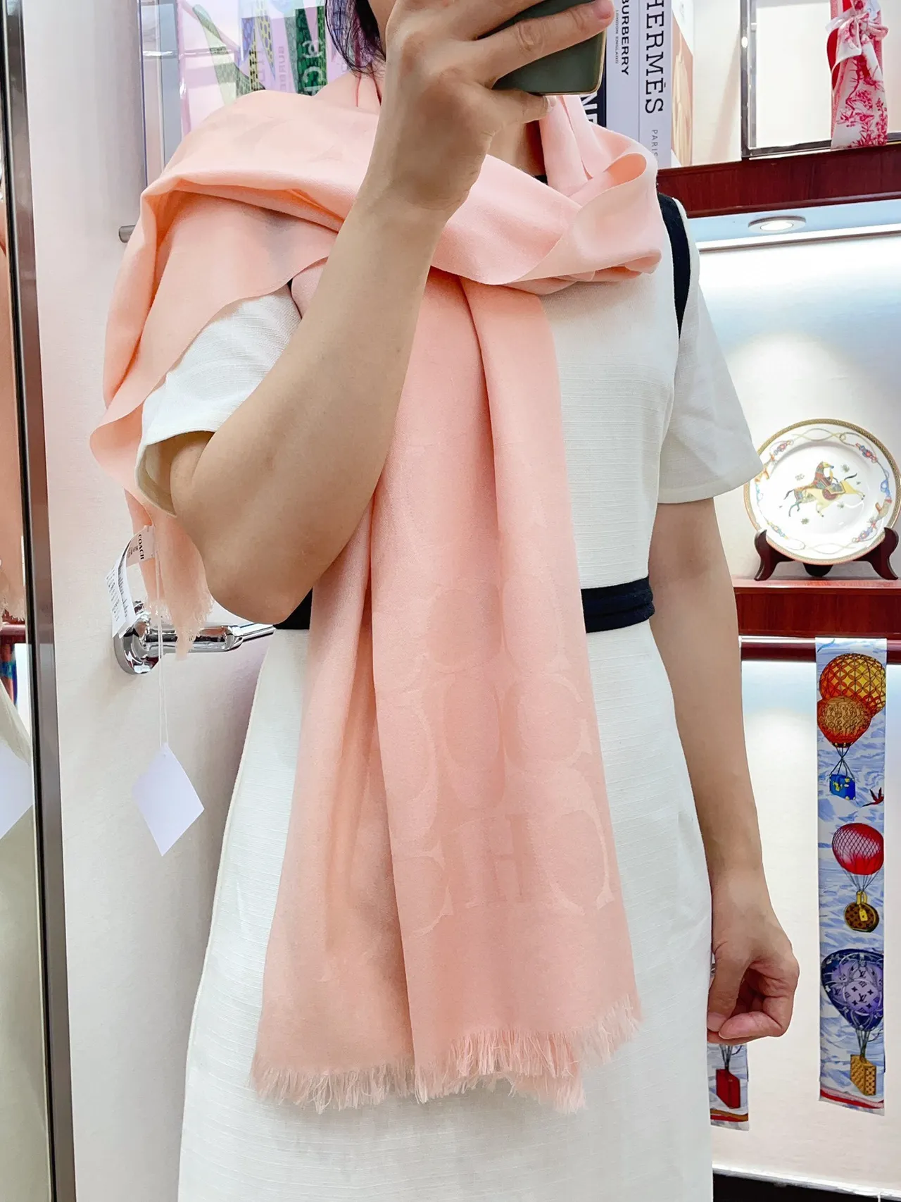 Coach Monogram Jacquard Pink Silk Scarf 2