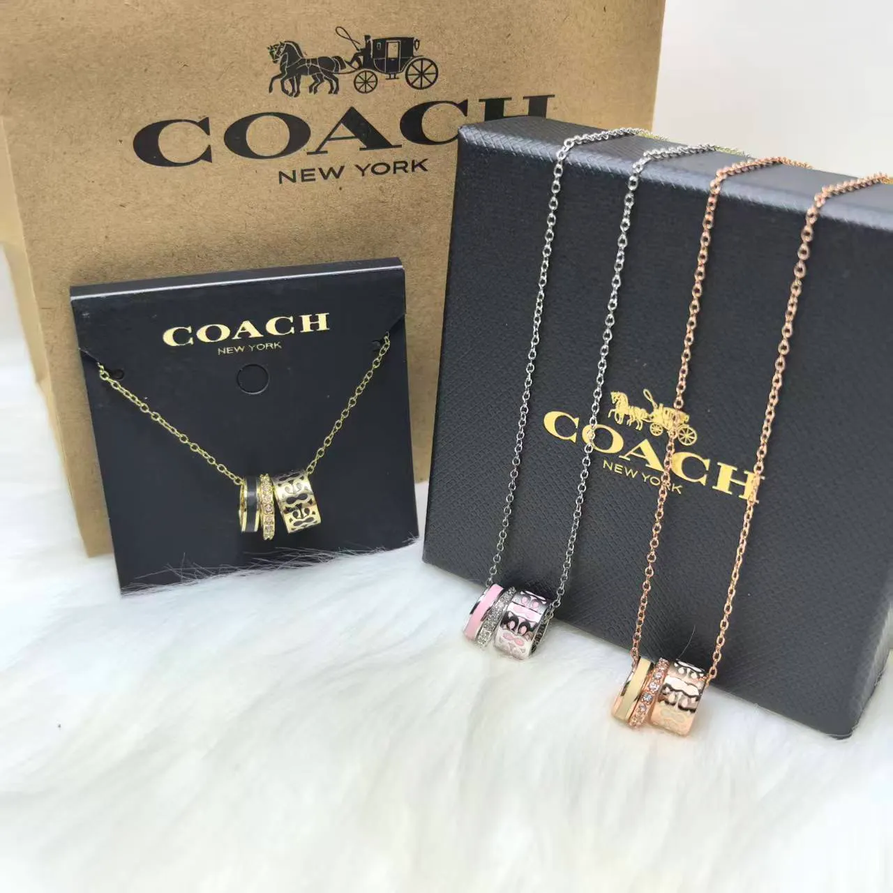 Coach Signature Charm Gold Multicolor Chains Cylindrical Stacked Charms Necklace 3
