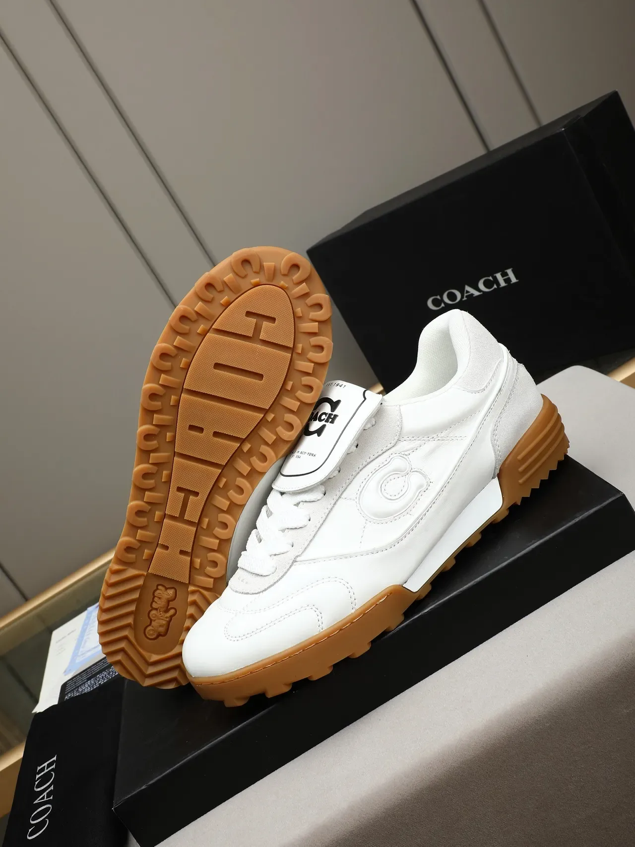 Coach White Leather and Suede C-Logo Gum Sole Sneaker 3