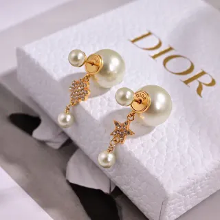 Dior Asymmetrical Pearl and Crystal Star Floral Drop Earrings