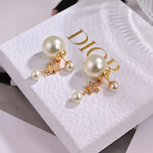 Dior Asymmetrical Pearl and Crystal Star Floral Drop Earrings 2
