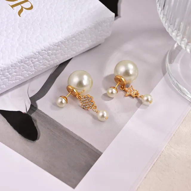 Dior Asymmetrical Pearl and Crystal Star Floral Drop Earrings 5