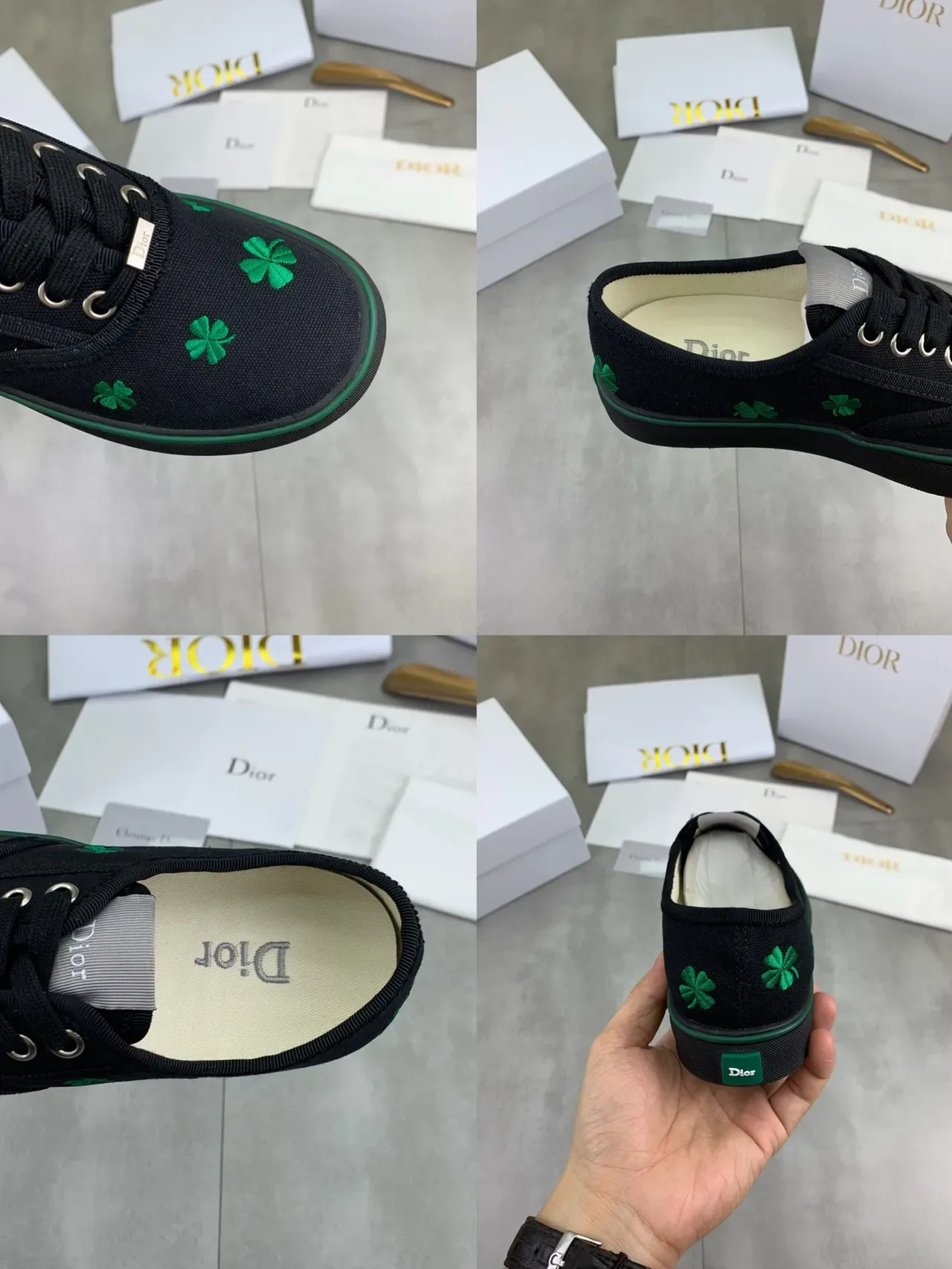 Dior B23 Sneakers Lifestyle Noir Vert Tige en Toile Bordées Quatre Feuilles de Trèfle 3