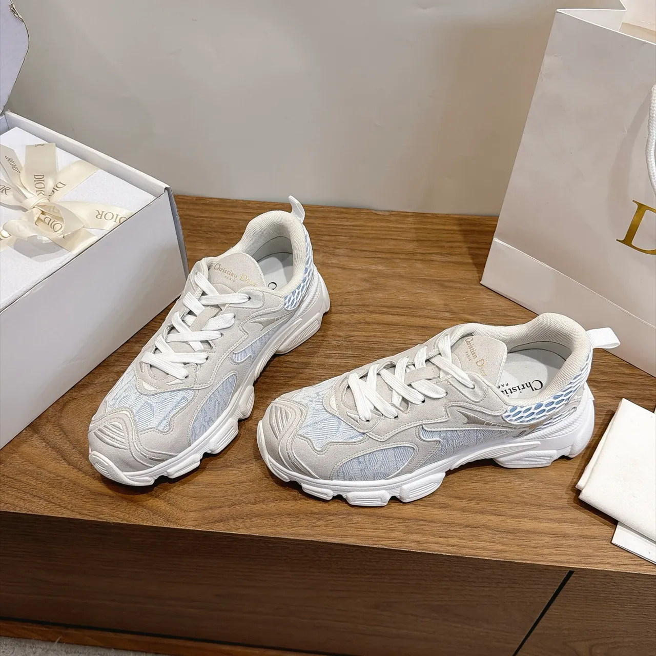 Dior B23 Off-White and Light Blue Jacquard Chunky Sneakers 4