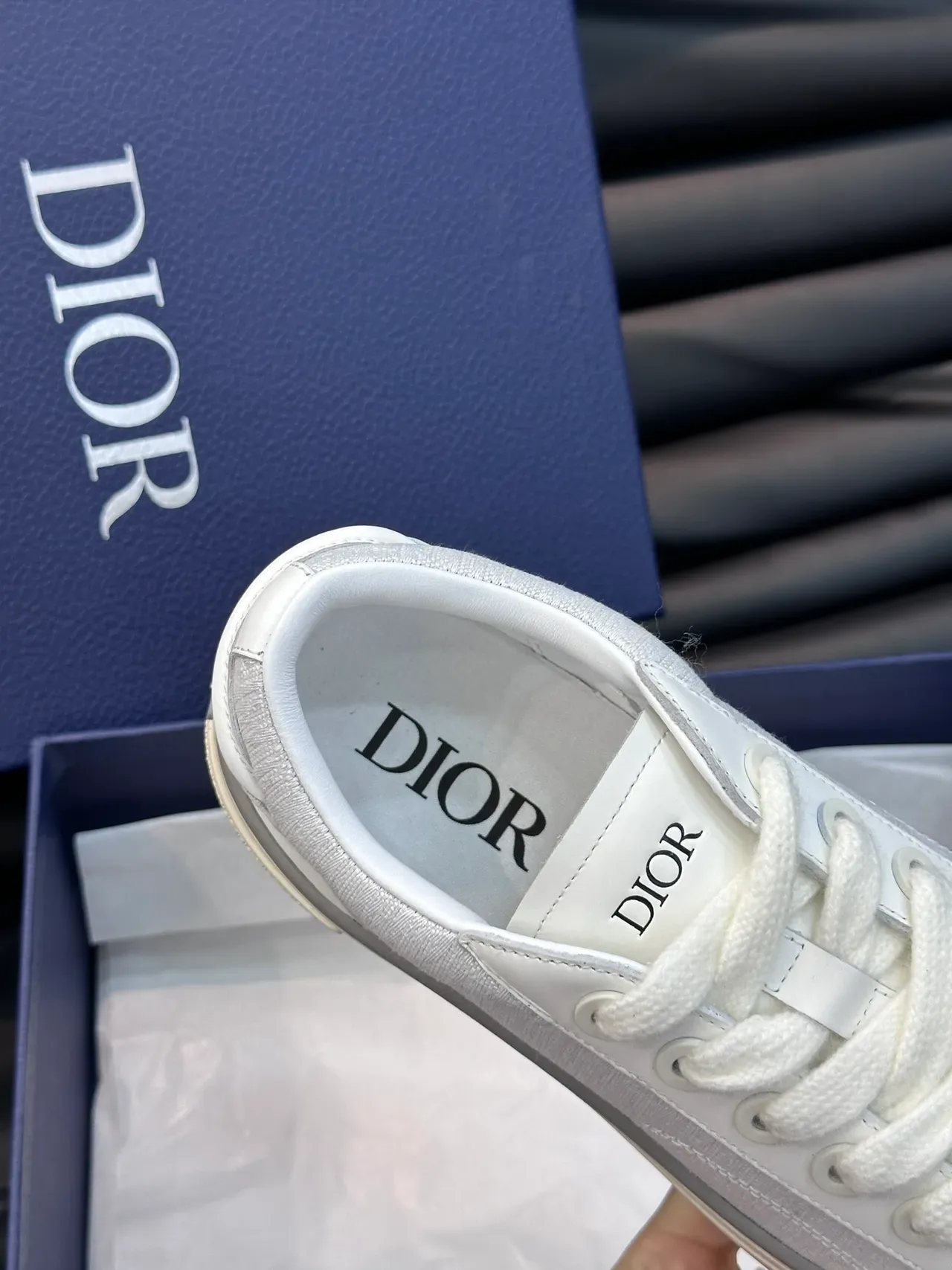 Dior B23 White Silver Low-Top Leather And Metallic Stripe Lifestyle Sneakers 3