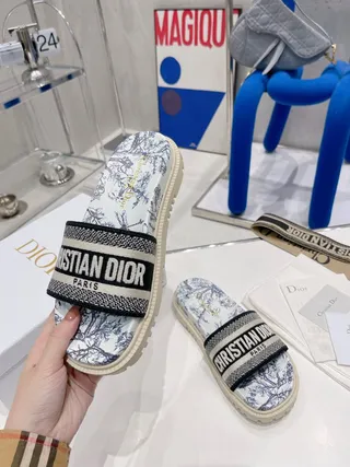 Dior B27 Slide White Blue Toile de Jouy Slippers 7