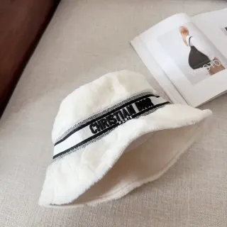 Dior Beige Black Plush Faux-Fur Exterior Woven Logo Band Bucket Hat