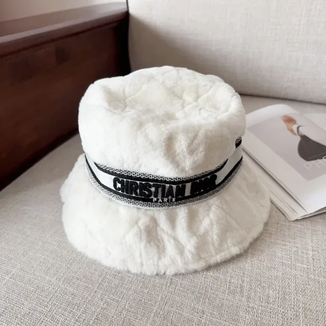 Dior Beige Black Plush Faux-Fur Exterior Woven Logo Band Bucket Hat 2