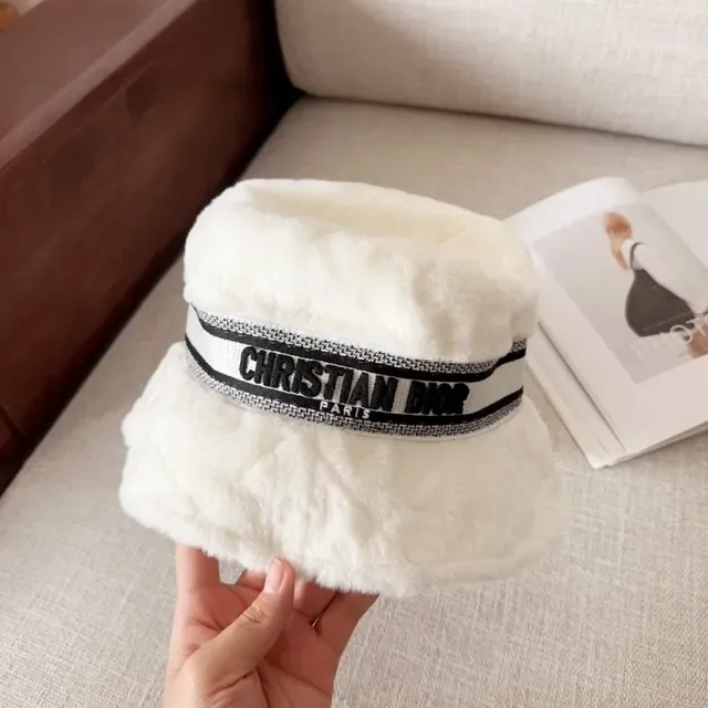 Dior Beige Black Plush Faux-Fur Exterior Woven Logo Band Bucket Hat 3