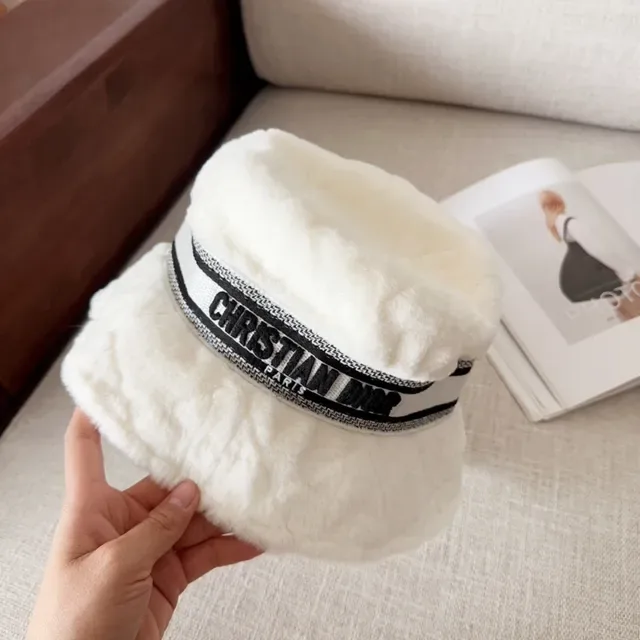 Dior Beige Black Plush Faux-Fur Exterior Woven Logo Band Bucket Hat 4