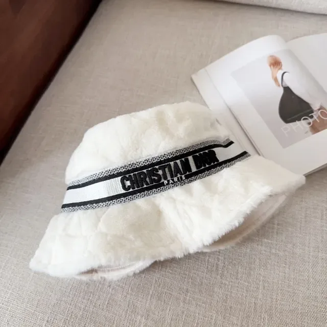 Dior Beige Black Plush Faux-Fur Exterior Woven Logo Band Bucket Hat 5